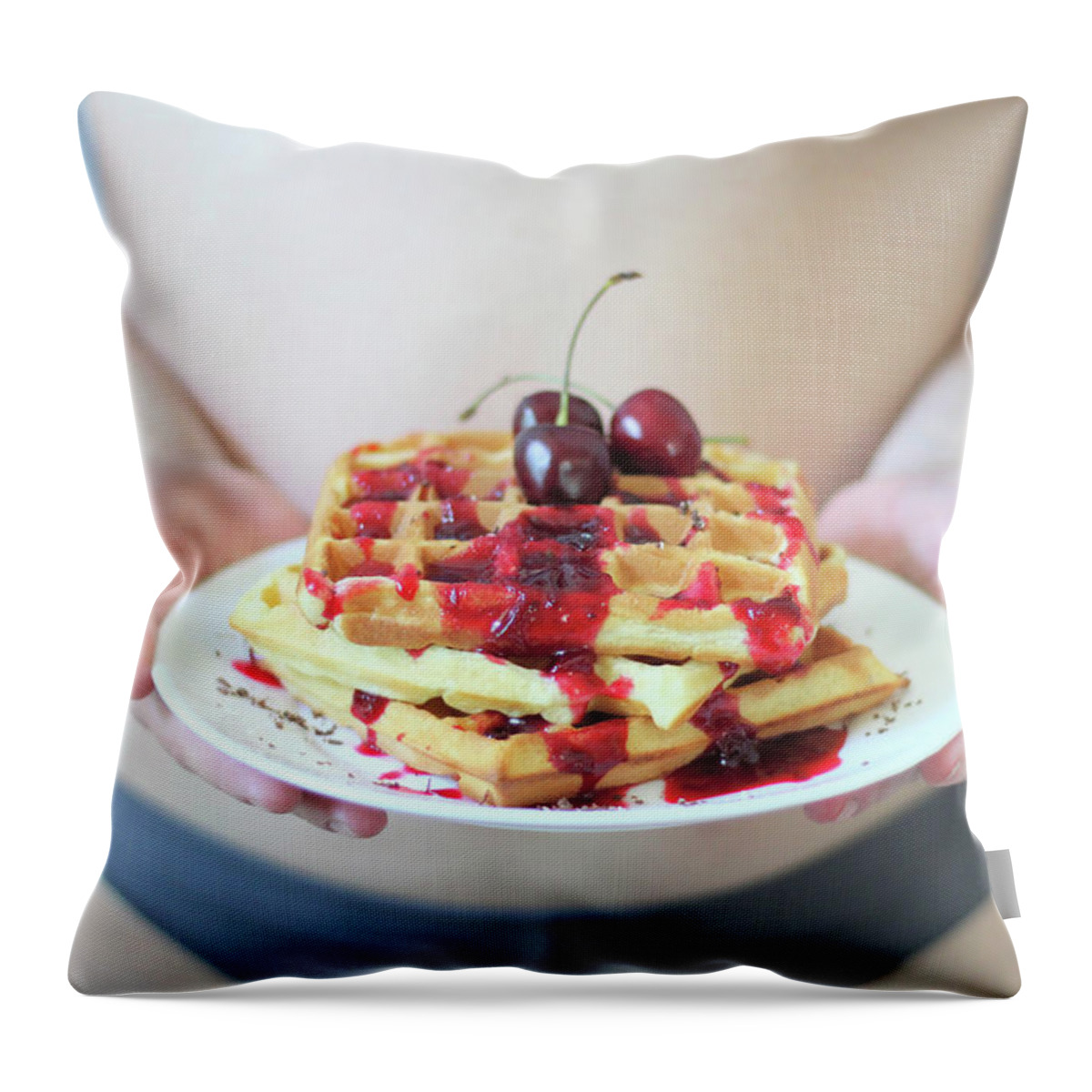 Food Throw Pillow featuring the photograph Belgian waffles with cherry syrup and chocolate chips by Peter Pike