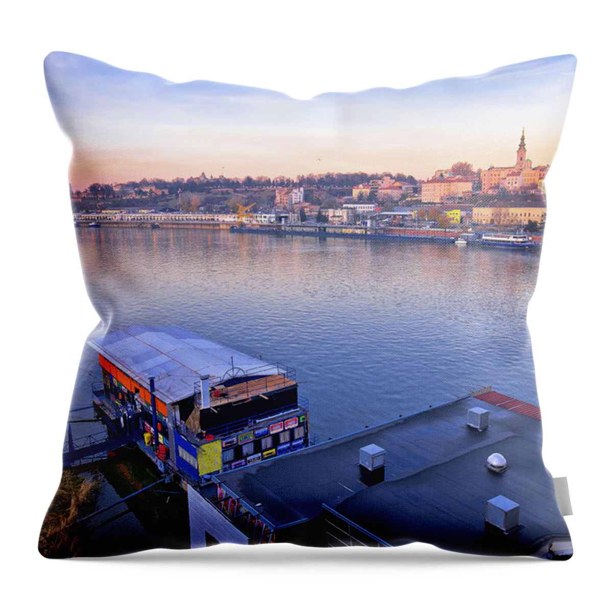 Belgrade Throw Pillow featuring the photograph Belgrade river boats and cityscape view by Brch Photography