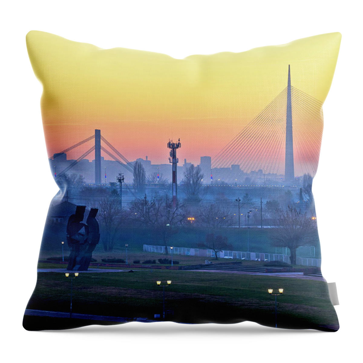 Belgrade Throw Pillow featuring the photograph Belgrade Sava river coast and cityscape at sunset view by Brch Photography