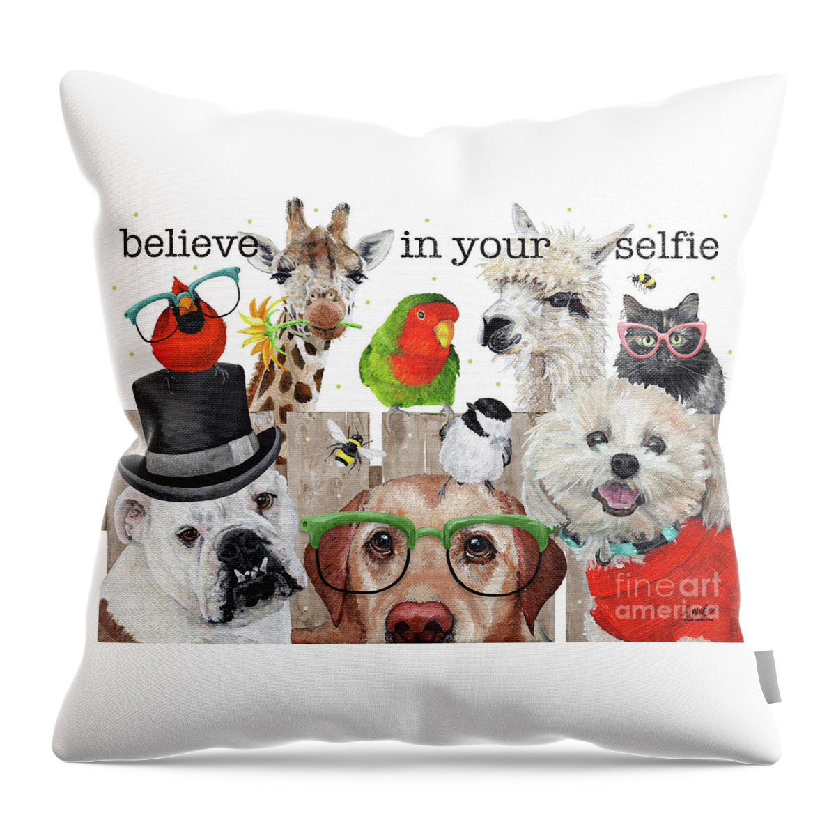 Animals Throw Pillow featuring the painting Believe in Your Selfie - animals by Annie Troe