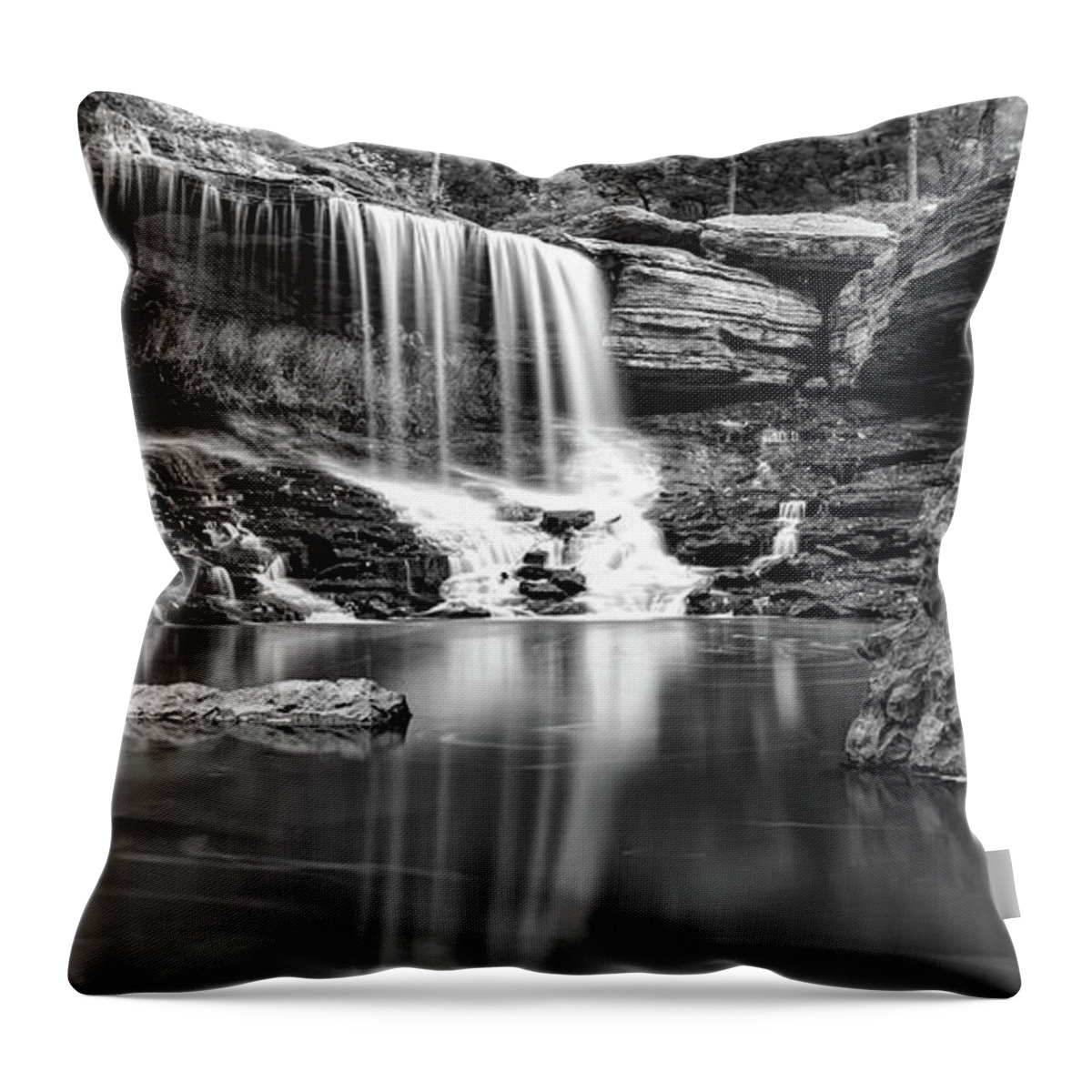 America Throw Pillow featuring the photograph Bella Vista Pinion Creek Falls Panorama - Black and White by Gregory Ballos