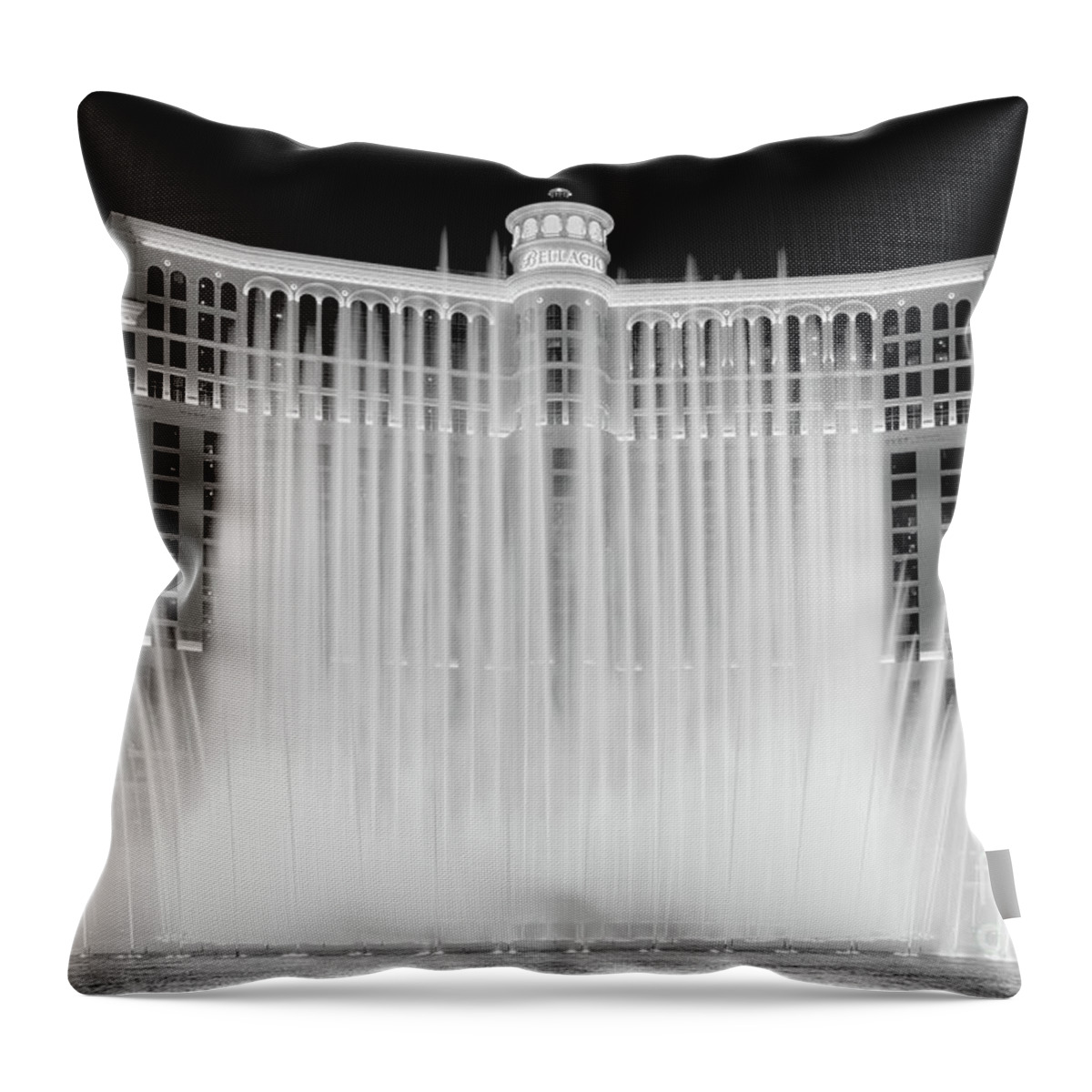 Bellagio Throw Pillow featuring the photograph Bellagio Fountains Perfect Symmetry Black and White by Aloha Art