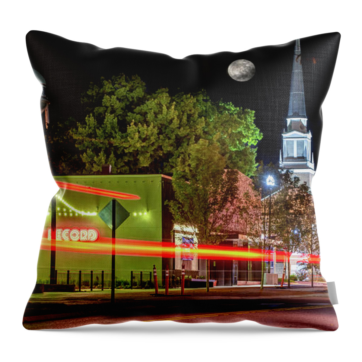 Bentonville Skyline Panorama Throw Pillow featuring the photograph Bentonville Arkansas Water Tower and Full Moon Panorama by Gregory Ballos