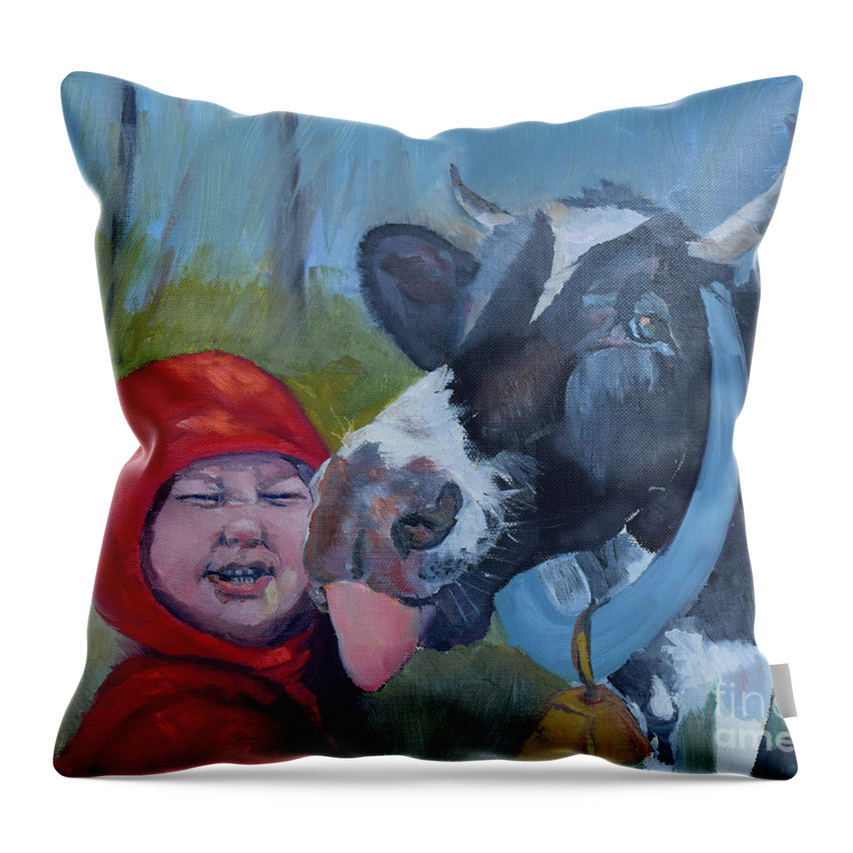 The Adventures Of Bessie And Bo Throw Pillow featuring the painting Bessie loves Bo - Cow Licks Boy by Jan Dappen