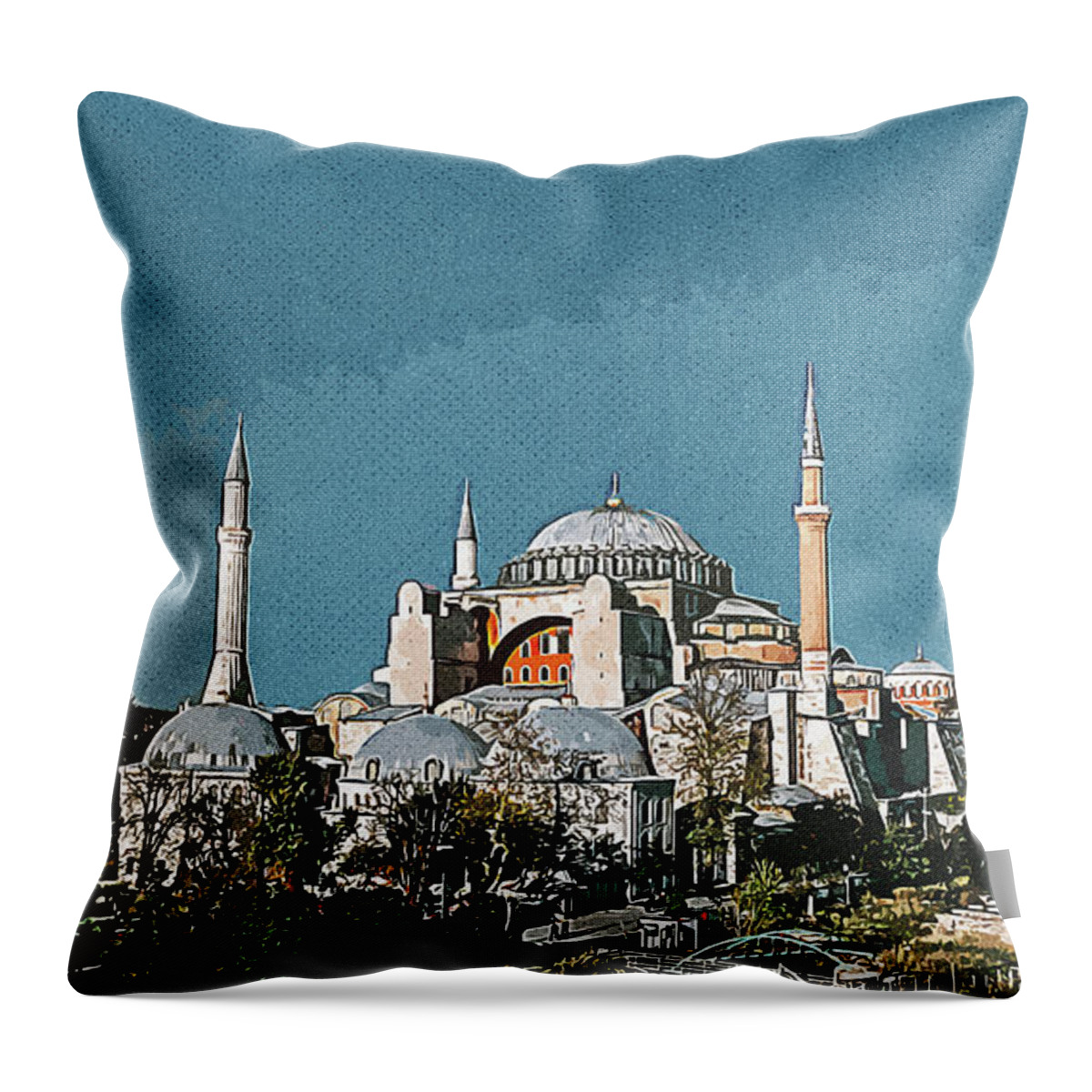 Icon Throw Pillow featuring the painting Best Minarets - Islamic Architecture, Medieval mosque in Istanbul city Free Stock Photo by Celestial Images