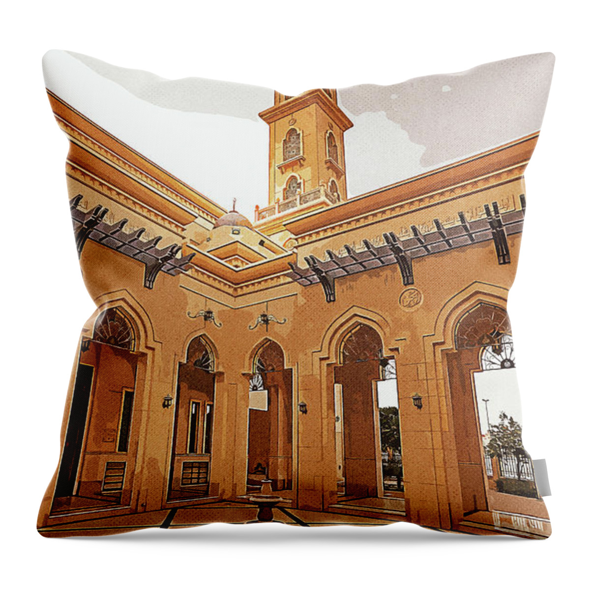 Icon Throw Pillow featuring the painting Best Minarets - Islamic Architecture, Outdoor Fountain at a Mosque Free Stock Photo by Celestial Images