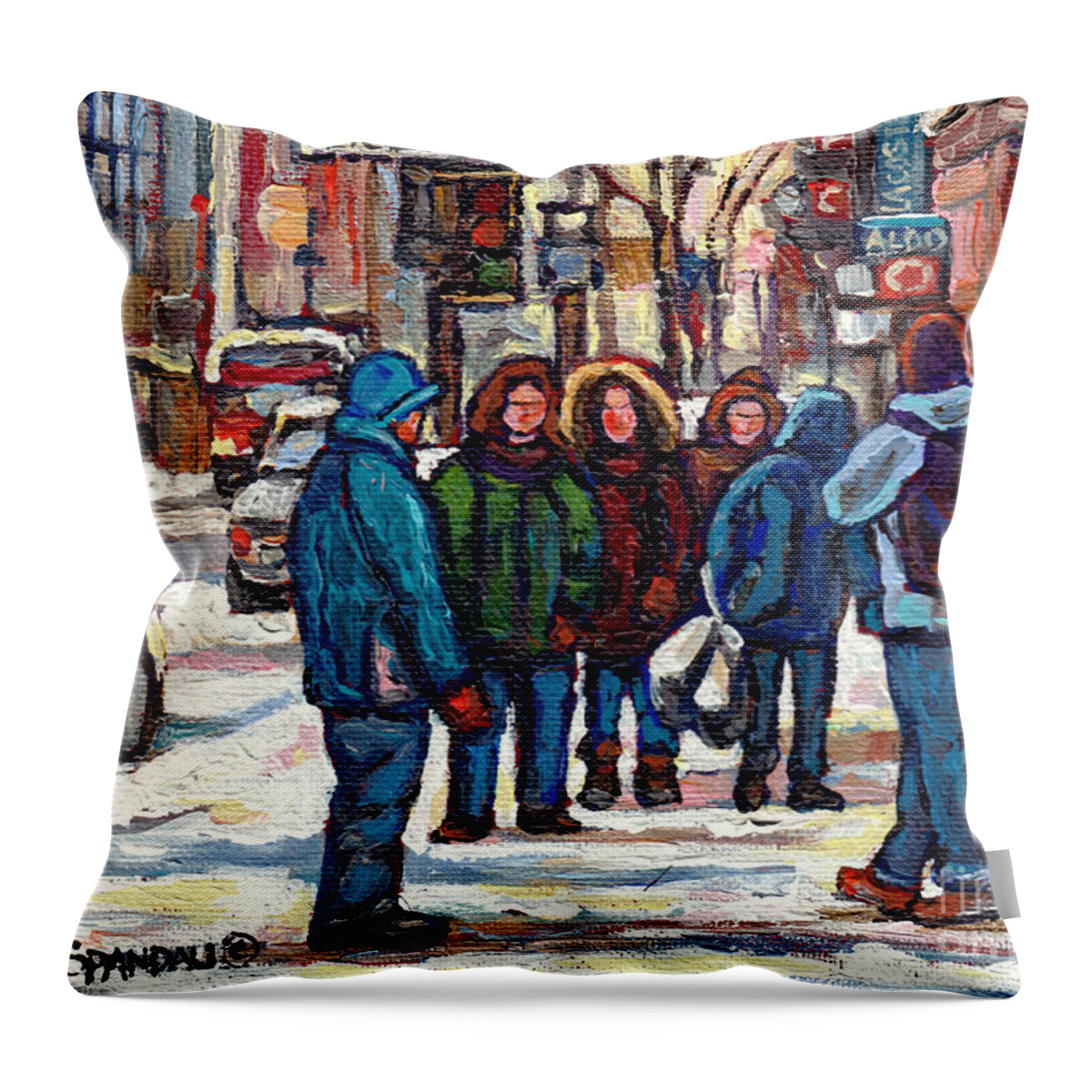 Montreal Throw Pillow featuring the painting Best Montreal Winterscene Paintings Crossing St Catherine Street At Metcalfe C Spandau Canadian Art by Carole Spandau