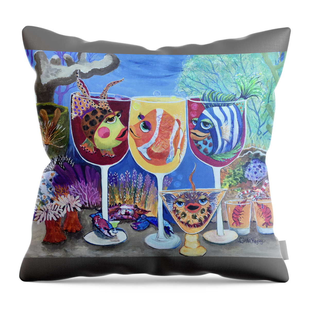 Bestfins Throw Pillow featuring the painting BestFins Happy Hour at the Reef Bar by Linda Kegley