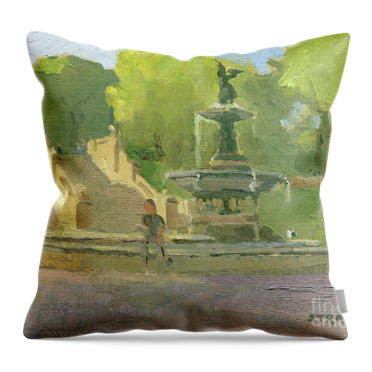 Angel Of The Waters Throw Pillow featuring the painting Angel of the Waters - Bethesda Terrace, Central Park, New York City by Paul Strahm