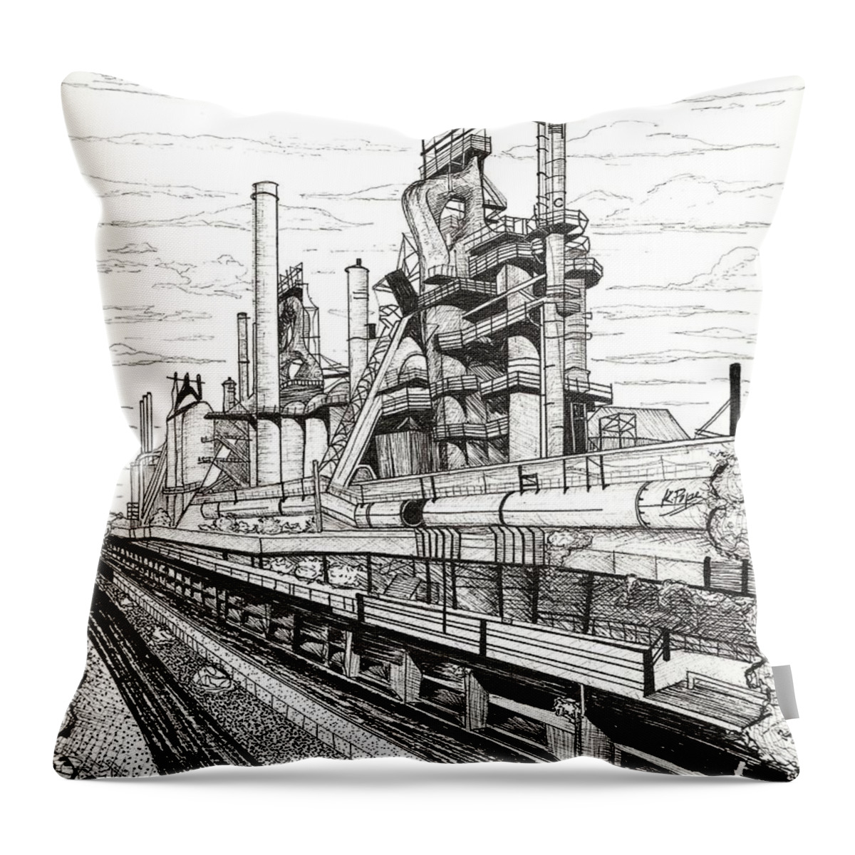 Bethlehem Throw Pillow featuring the painting Industrial Elegance Bethlehem Steel Stacks Close-Up by Kathy Pope