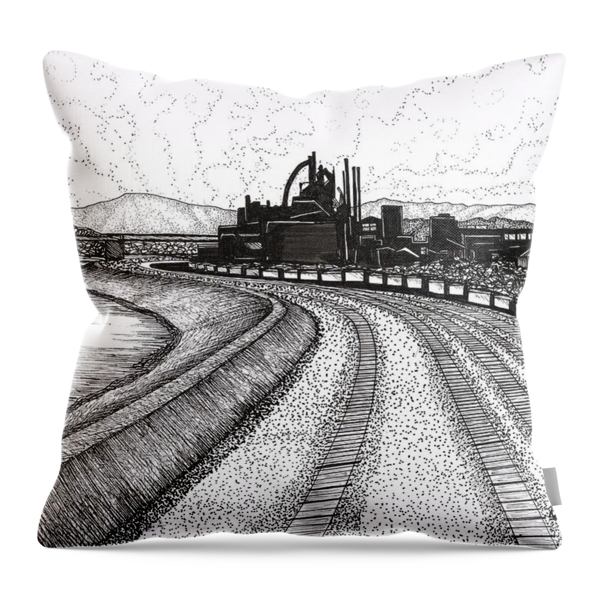 Bethlehem Throw Pillow featuring the drawing Steel Symphony Bethlehem Steel Stacks by Kathy Pope