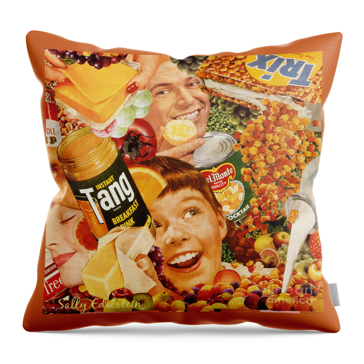 Collage Throw Pillow featuring the mixed media Trix or Treat Better Living Thru Chemistry by Sally Edelstein