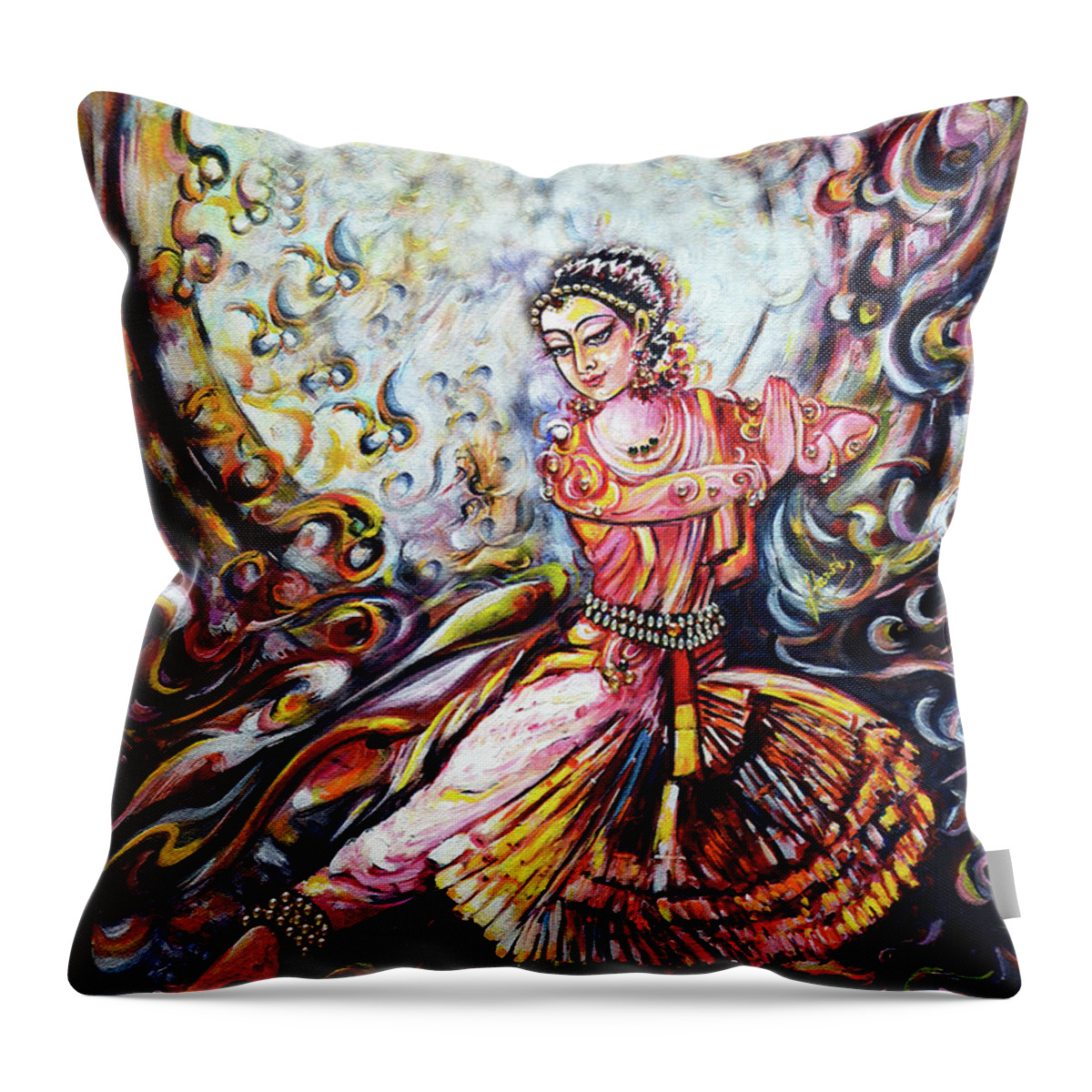 Bharatnatyam Throw Pillow featuring the painting devotion - Bharatnatyam dance by Harsh Malik