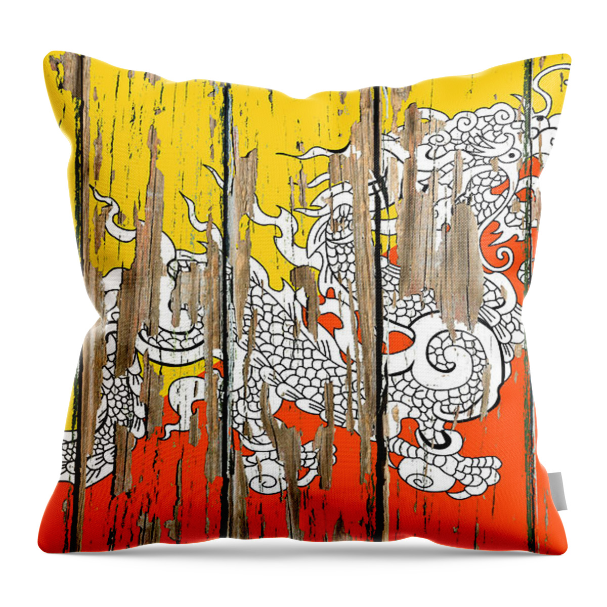 Bhutan Throw Pillow featuring the mixed media Bhutan Flag Peeling Paint Distressed Barnwood by Design Turnpike