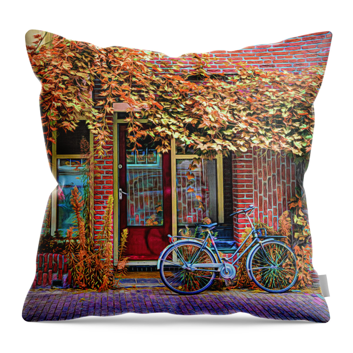 Spring Throw Pillow featuring the photograph Bicycle Along the Streets of Amsterdam Painting by Debra and Dave Vanderlaan