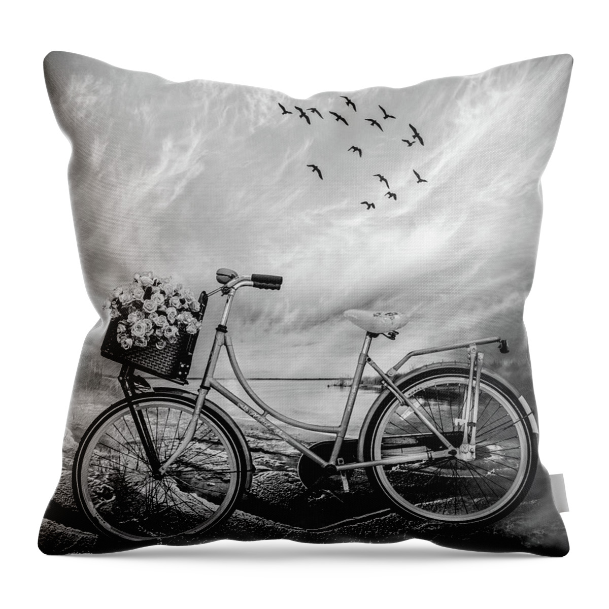 Bike Throw Pillow featuring the photograph Bicycle at the Lake Beach II Black and White by Debra and Dave Vanderlaan