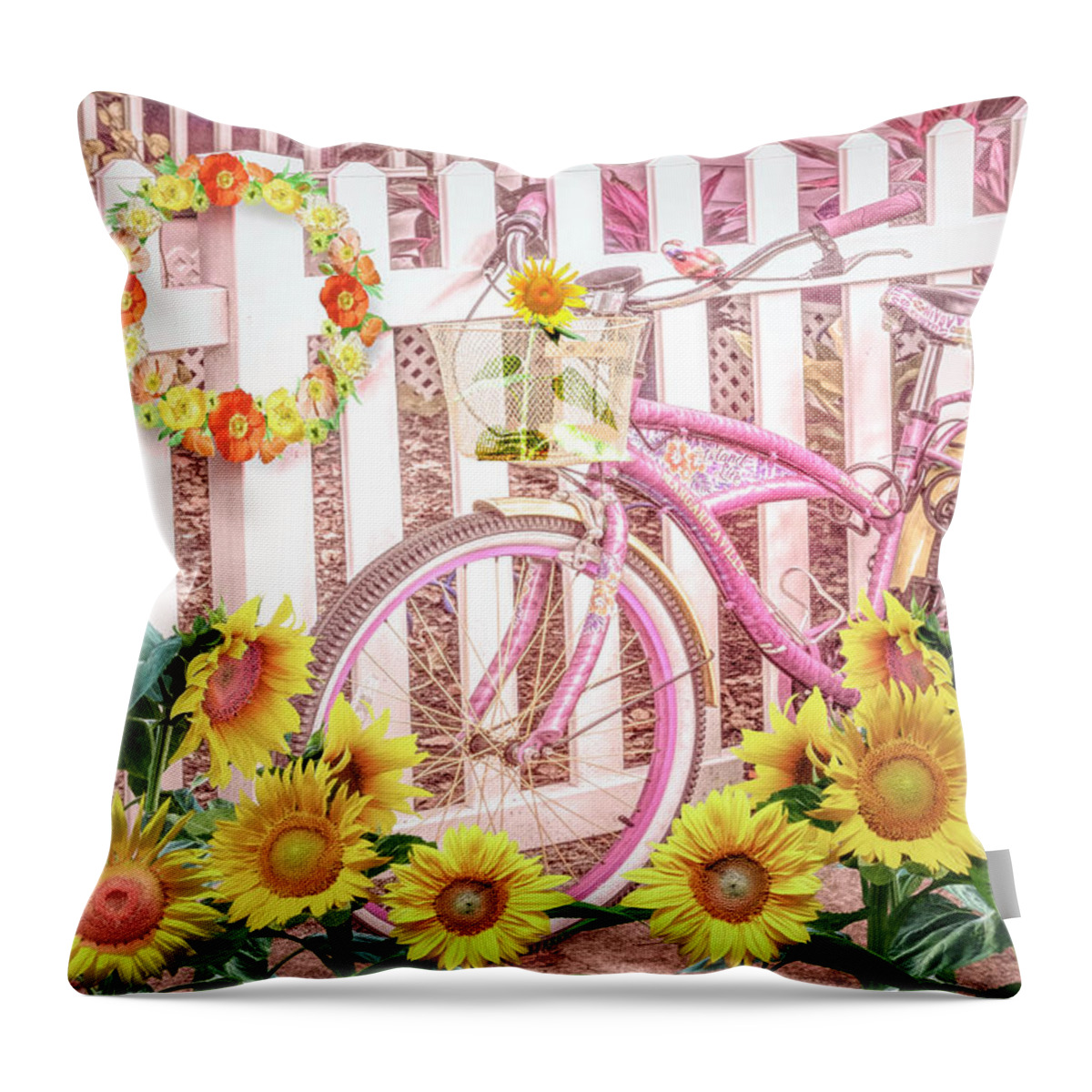 Fla Throw Pillow featuring the photograph Bicycle at the Sunflower Fence by Debra and Dave Vanderlaan