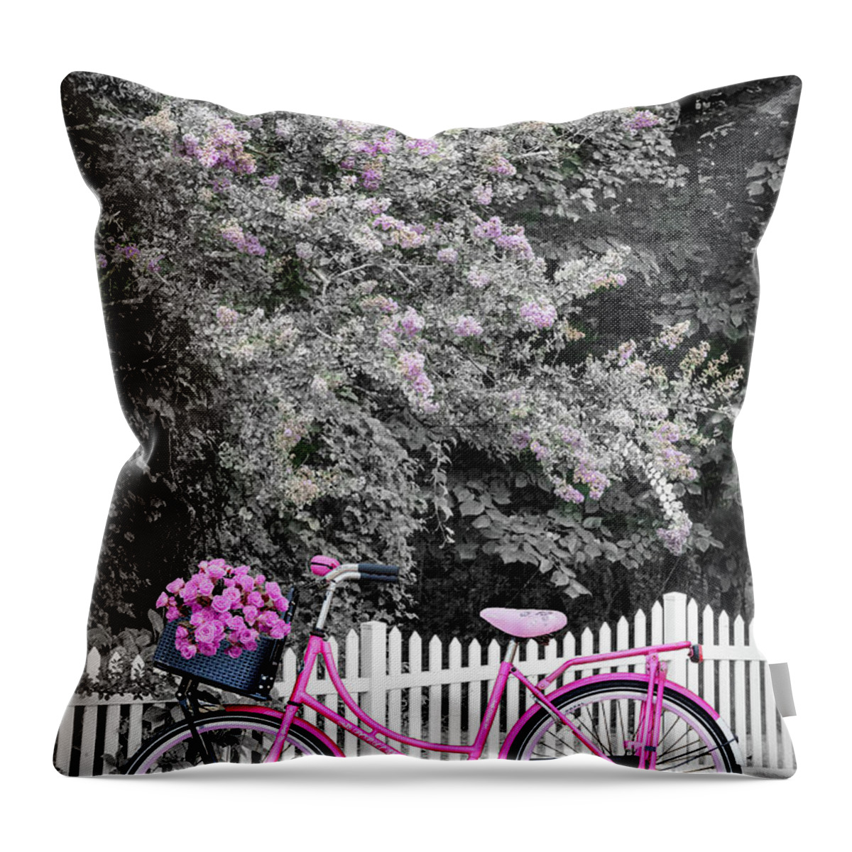 Carolina Throw Pillow featuring the photograph Bicycle by the Garden Fence Black and White and Pink by Debra and Dave Vanderlaan
