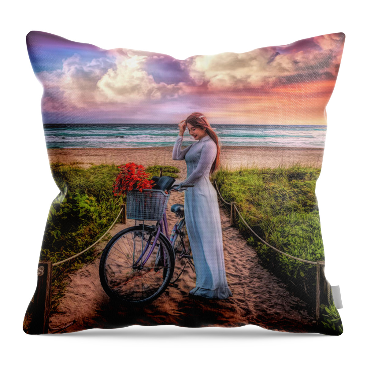 Beach Throw Pillow featuring the photograph Bicycle on the Beach Trail Painting by Debra and Dave Vanderlaan