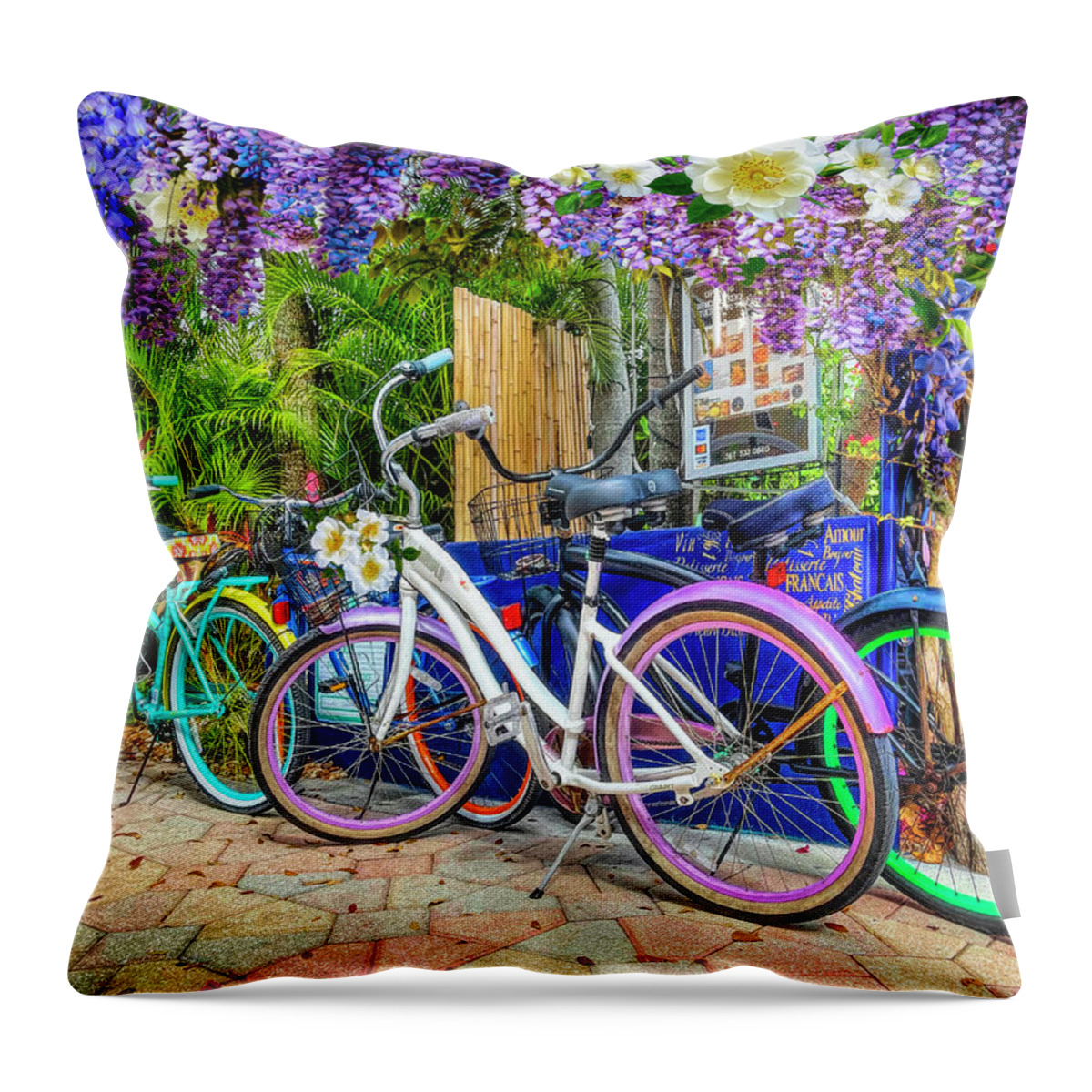 Florida Throw Pillow featuring the photograph Bicycles at the Bakery Courtyard by Debra and Dave Vanderlaan