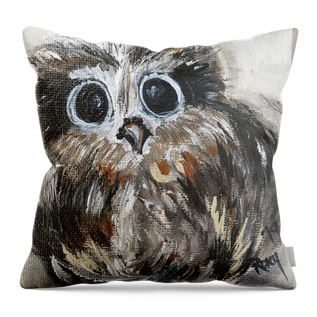 Owl Throw Pillow featuring the painting Big Eyes Baby Owl by Roxy Rich
