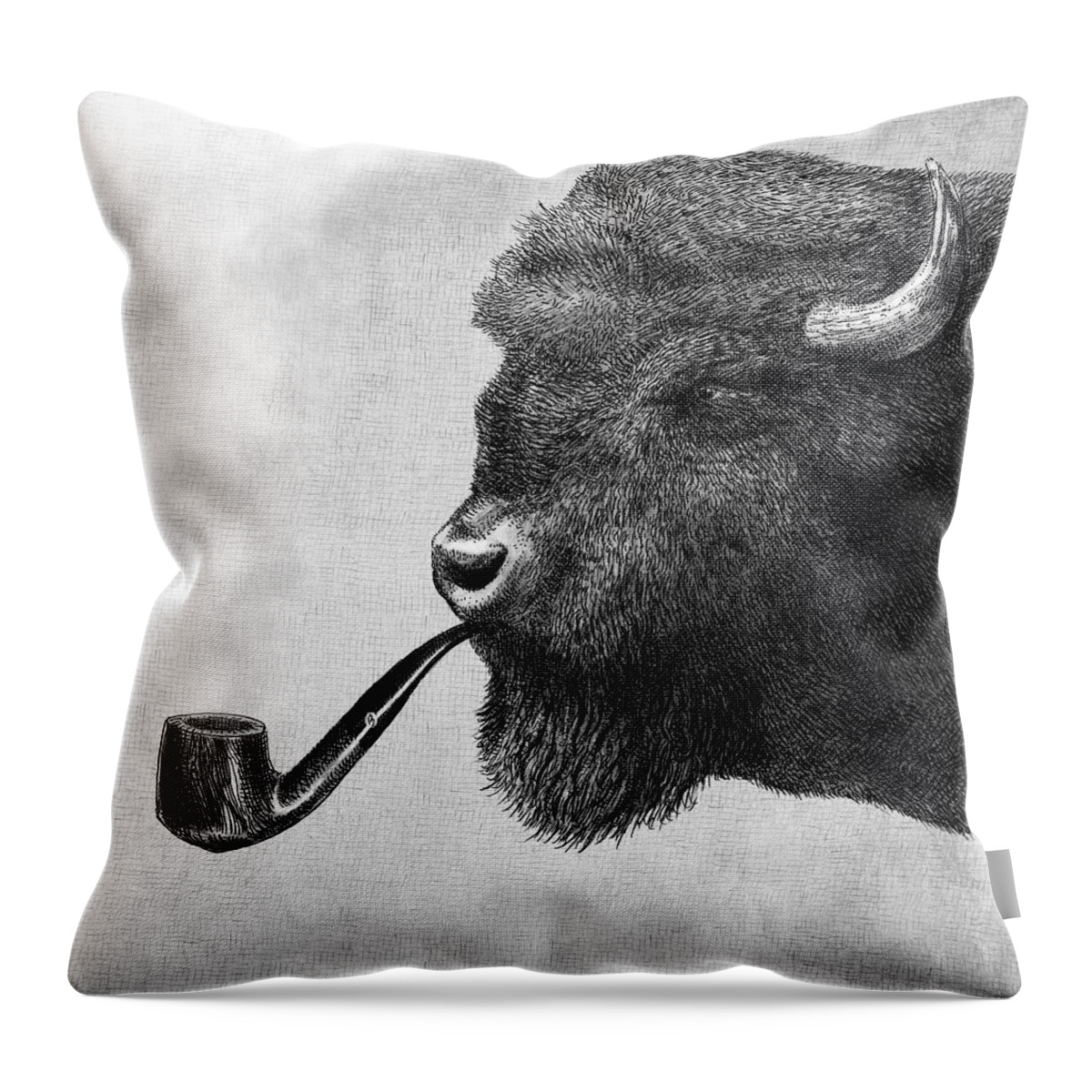 Bison Throw Pillow featuring the drawing Big Smoke - black and white by Eric Fan