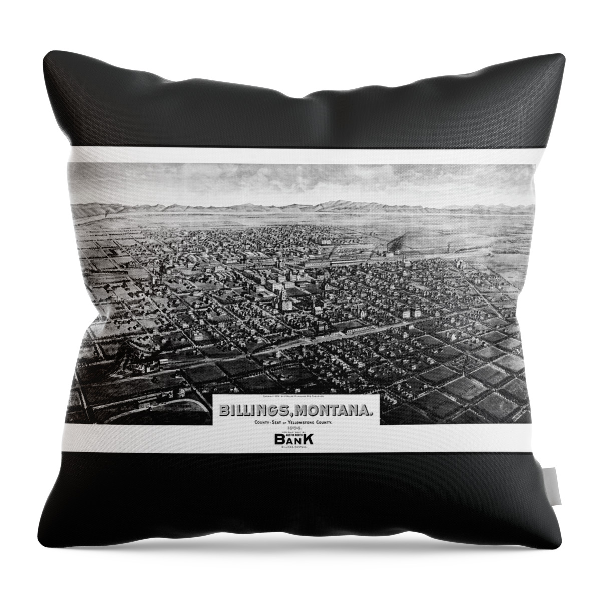 Billings Throw Pillow featuring the photograph Billings Montana Antique Map Birds Eye View 1904 Black and White by Carol Japp