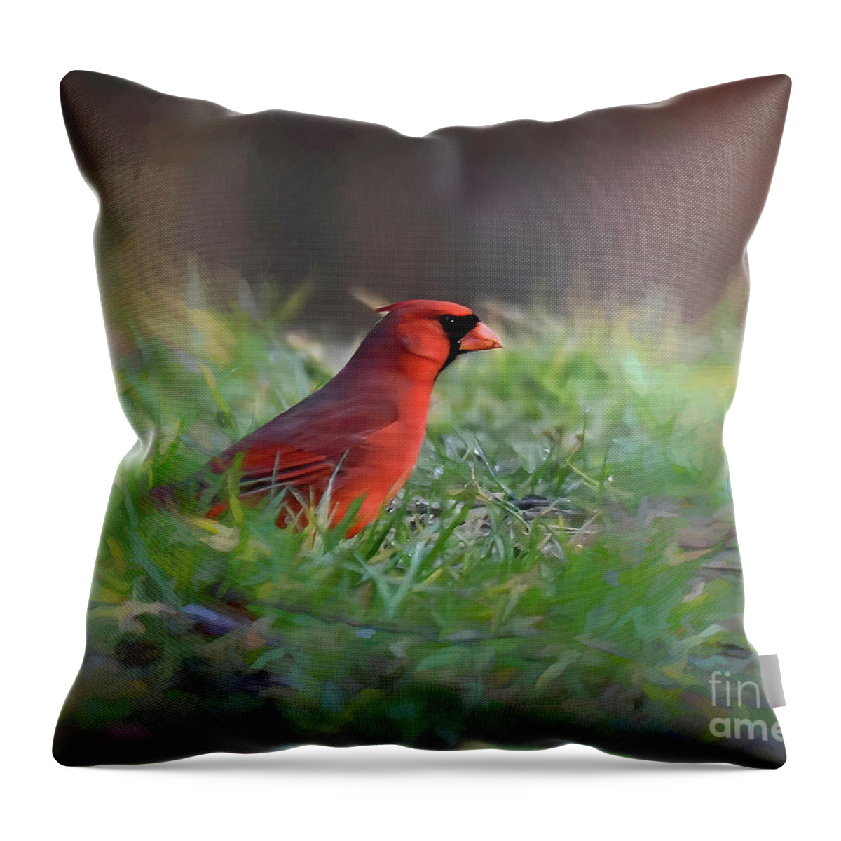 Bird Art Throw Pillow featuring the photograph Bird Art - Cardinal In the Grass by Kerri Farley