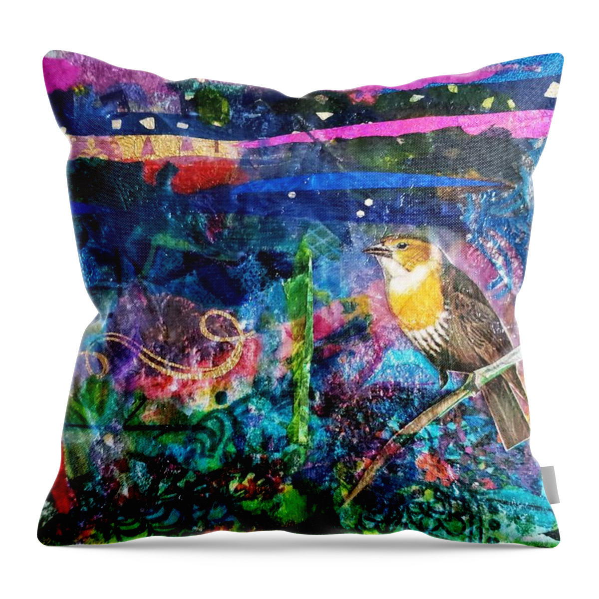  Throw Pillow featuring the mixed media Bird at Night by Deborah Cherrin