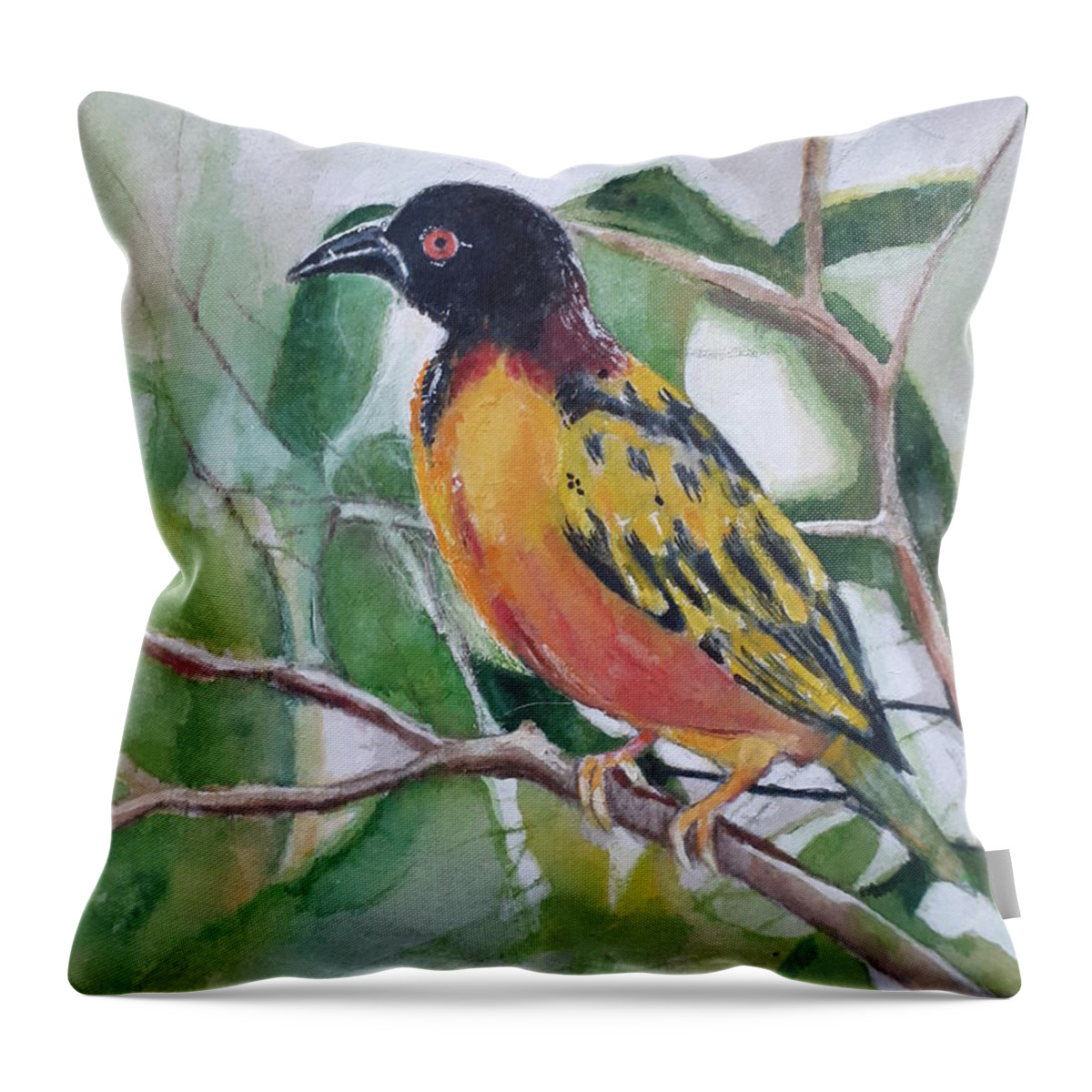 Watercolor Pencils Throw Pillow featuring the painting Bird in black and yellow by Carolina Prieto Moreno