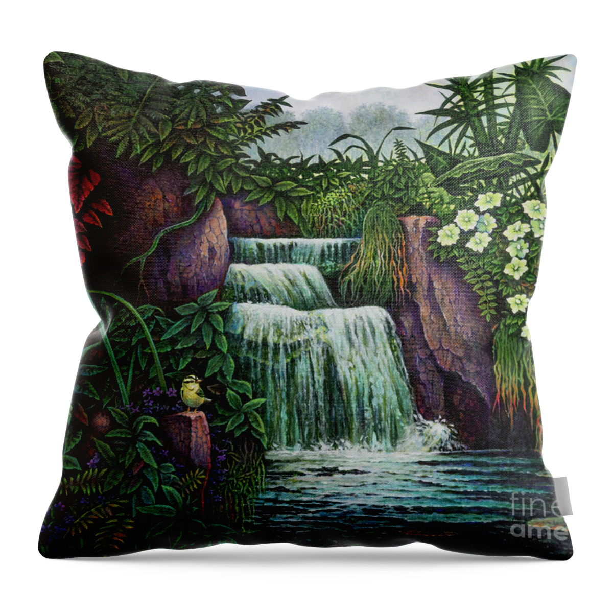 Finch Throw Pillow featuring the painting Bird in Paradise 3 by Michael Frank