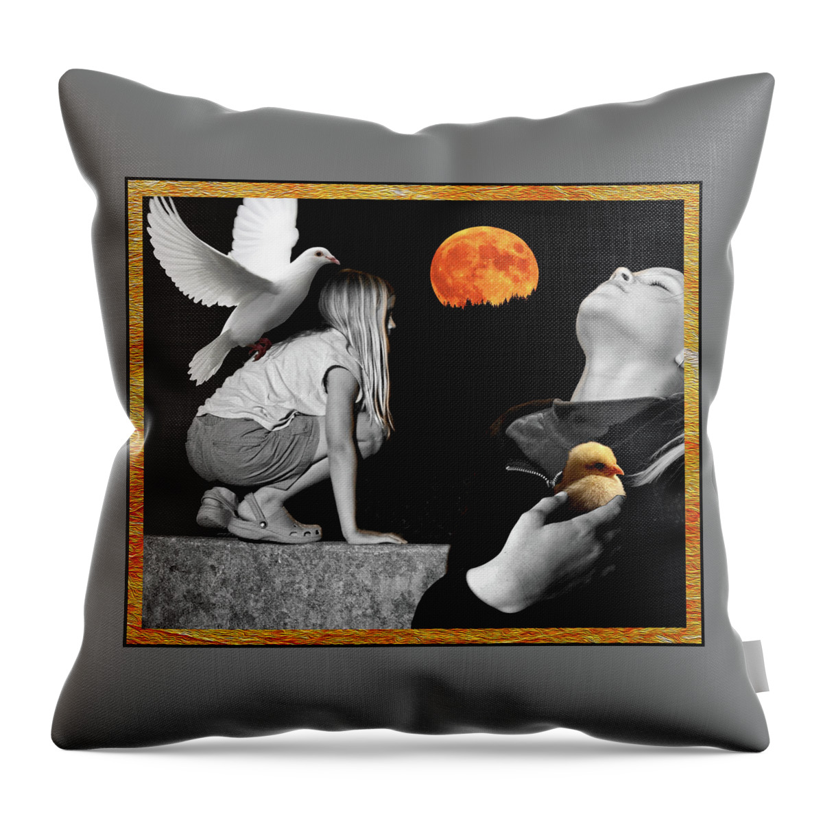Harvest Moon Throw Pillow featuring the mixed media Bird Moon by Lorena Cassady