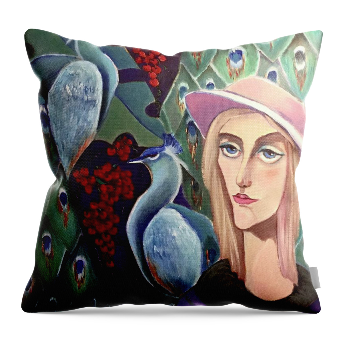 Birds Throw Pillow featuring the painting Bird watcher by Lana Sylber