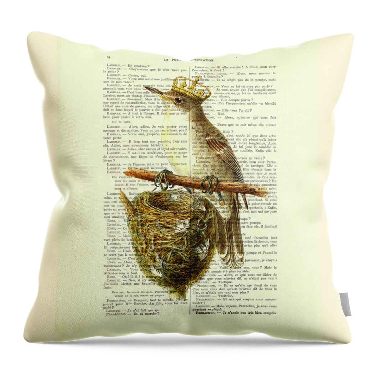 Bird Throw Pillow featuring the digital art Bird with golden crown and bird's nest art by Madame Memento