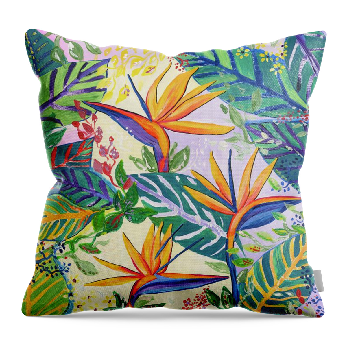 Flower Throw Pillow featuring the painting Birds of Paradise by Britt Miller