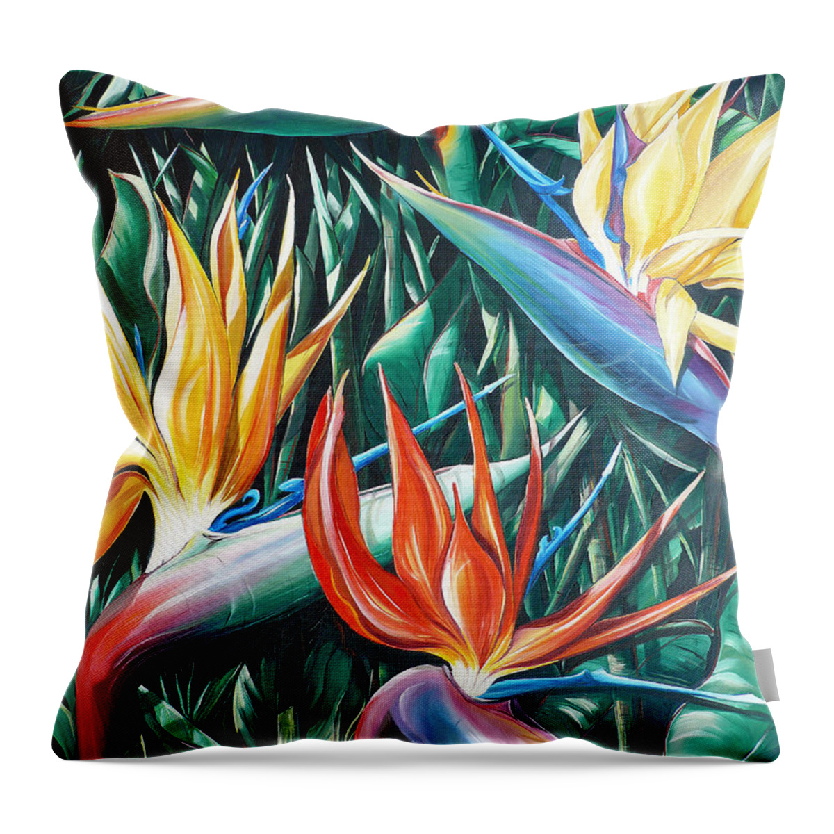  Caribbean Painting Bird Of Paradiseppainting Lily Painting Tropical Musa Painting  . Strelitzer Painting Caribbean Flora Paintingl Flower Red Yellow Painting Greeting Card Painting Throw Pillow featuring the painting Birds Of Paradise Sold  by Karin Dawn Kelshall- Best