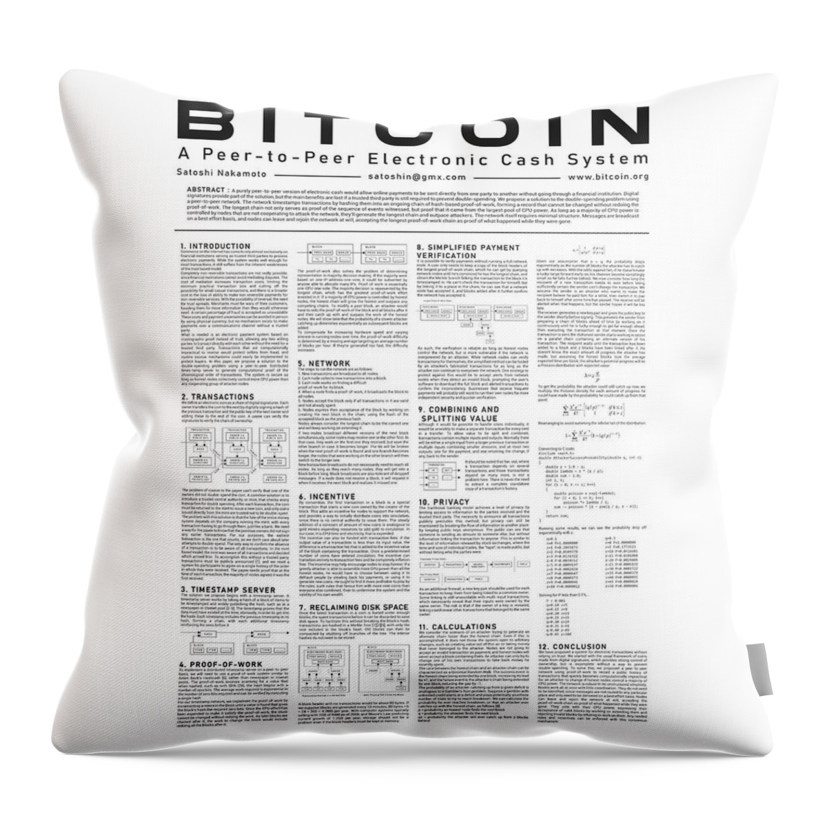 Bitcoin Throw Pillow featuring the digital art Bitcoin Whitepaper 01 - A Peer-to-Peer Electronic Cash System - Satoshi Nakamoto - Crypto by Studio Grafiikka