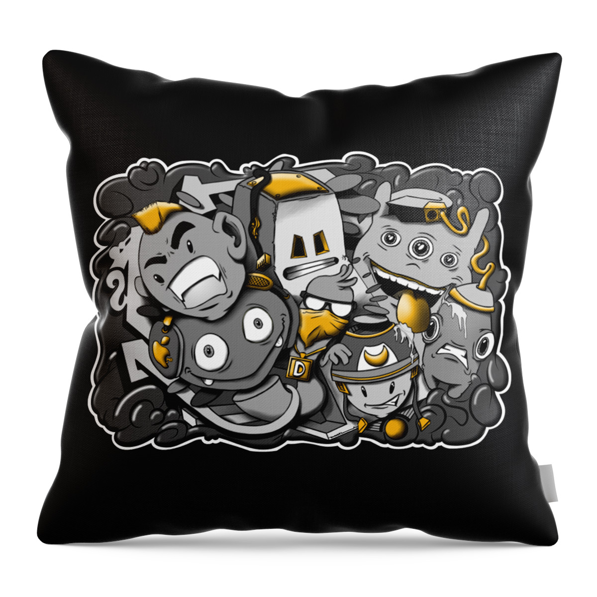 Copic Throw Pillow featuring the digital art Black and Gold graffiti cartoon characters by Donald Lawrence