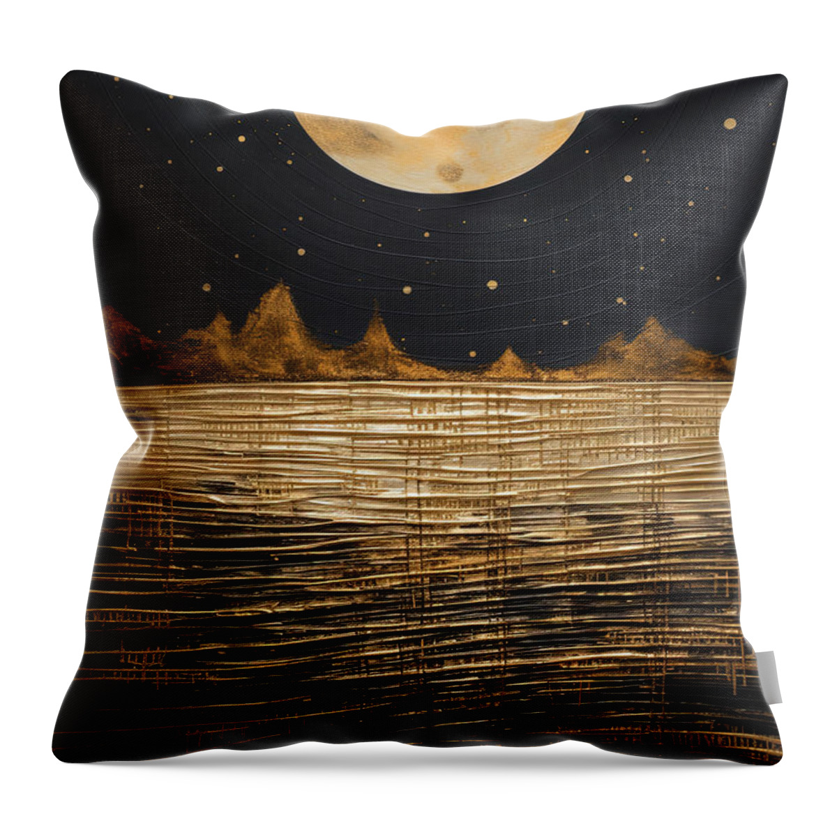 Black And Gold Seascape With Huge Golden Moon Throw Pillow featuring the painting Black and Gold Ocean Painting by Lourry Legarde