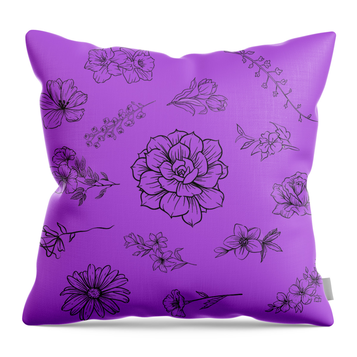 Flowers Throw Pillow featuring the digital art Black and White Floral Pattern With Transparent Background by Ali Baucom