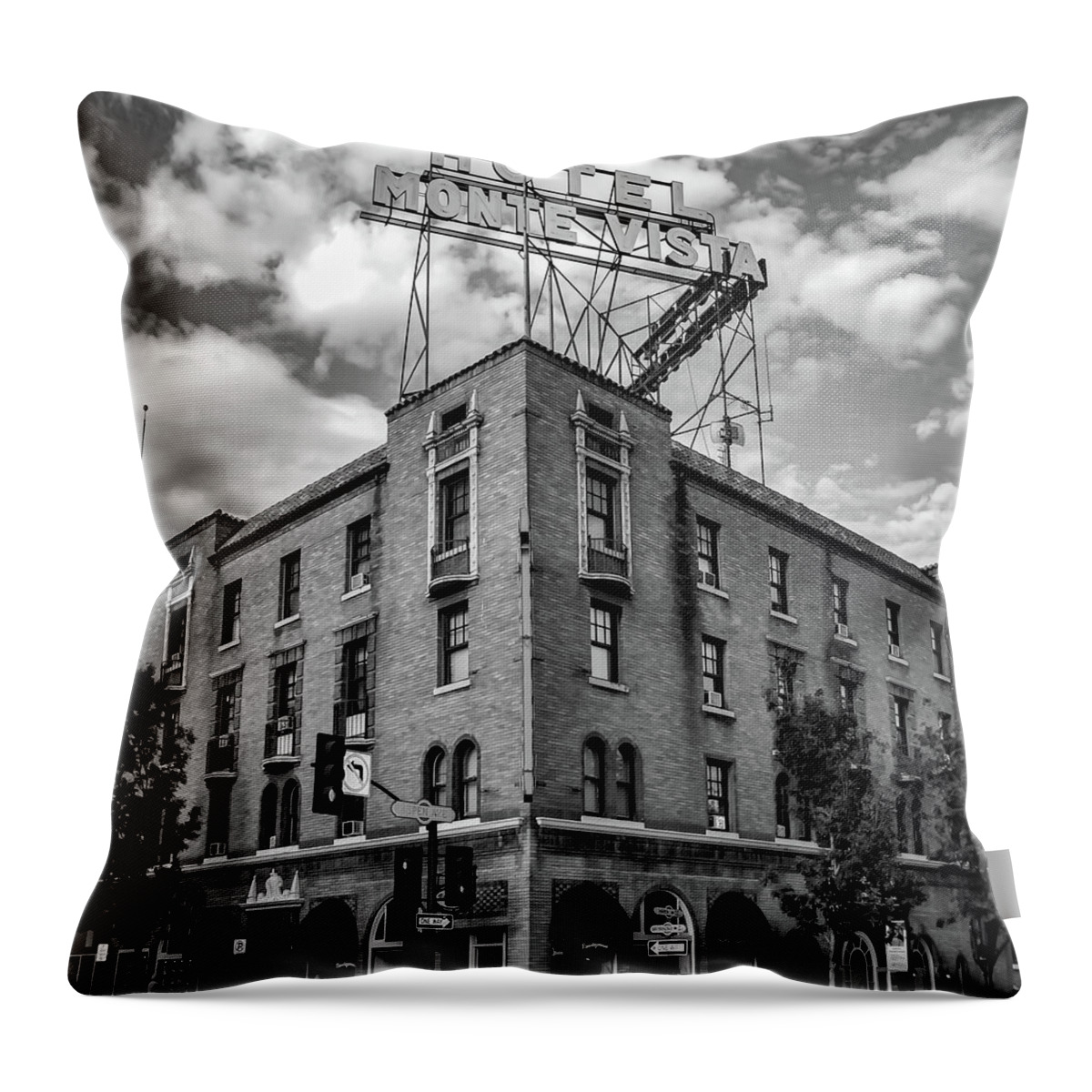Flagstaff Hotel Throw Pillow featuring the photograph Black and White Historic Hotel Monte Vista Along Route 66 - Flagstaff Arizona by Gregory Ballos