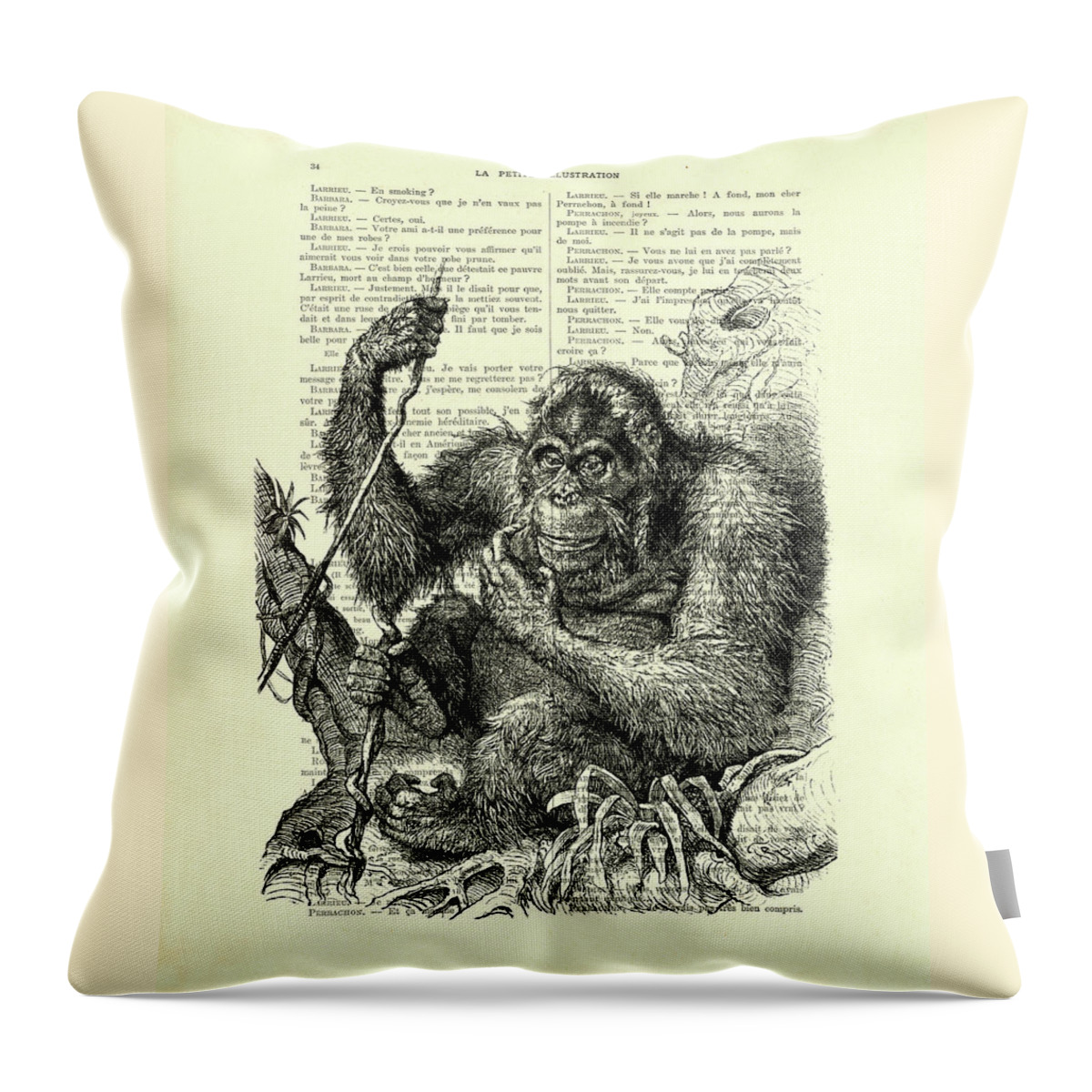 Orangutan Throw Pillow featuring the digital art Black and white orangutang in the jungle by Madame Memento
