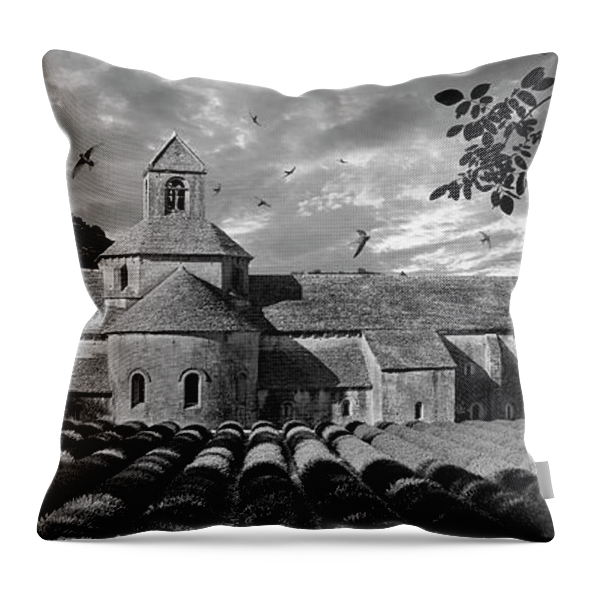 Senanque Abbey Throw Pillow featuring the photograph Sacred Stone - Black and white photo of the Romanesque Senanque Abbey by Paul E Williams
