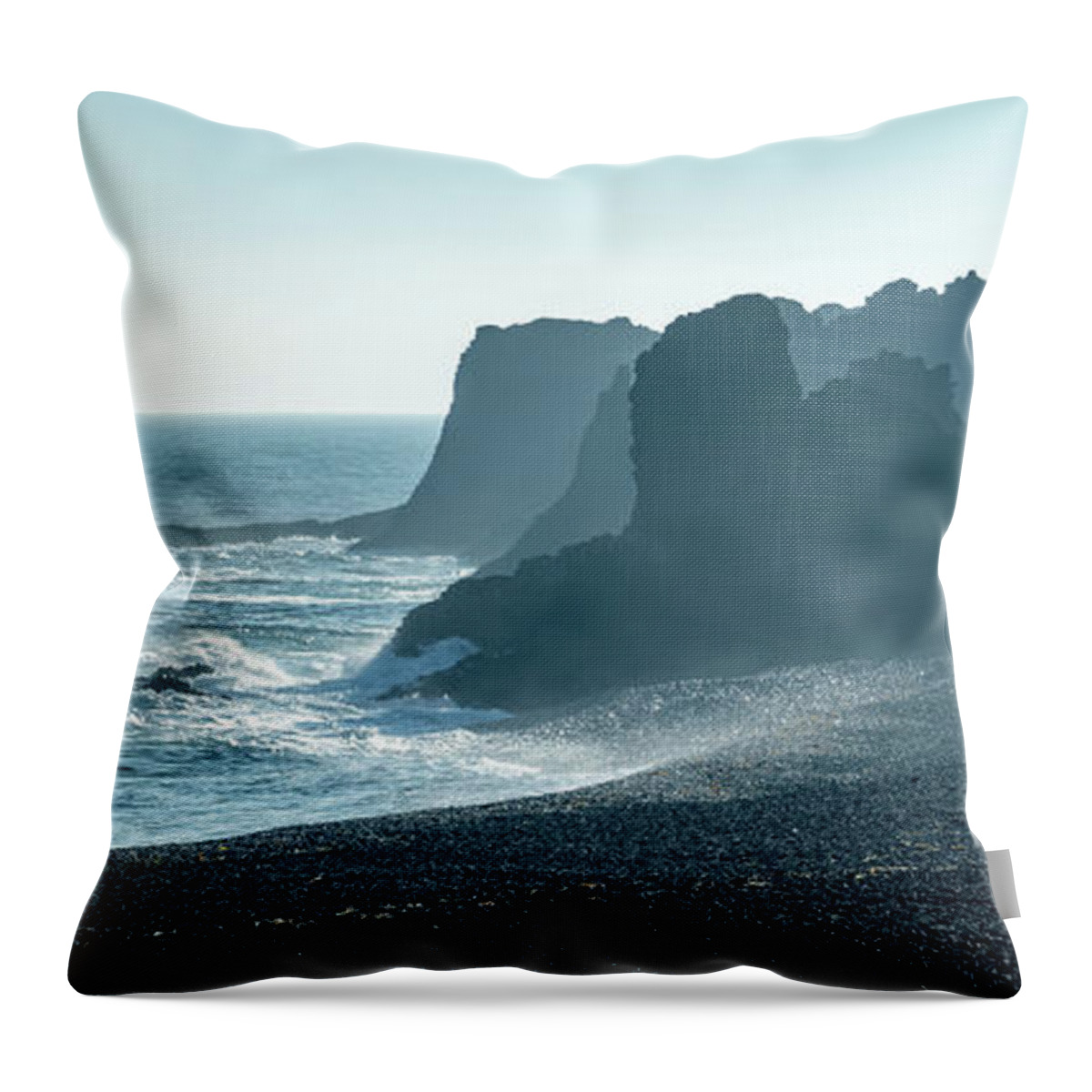 Iceland Throw Pillow featuring the photograph Black beach panorama, Snaefellsnes peninsula, Iceland by Delphimages Photo Creations
