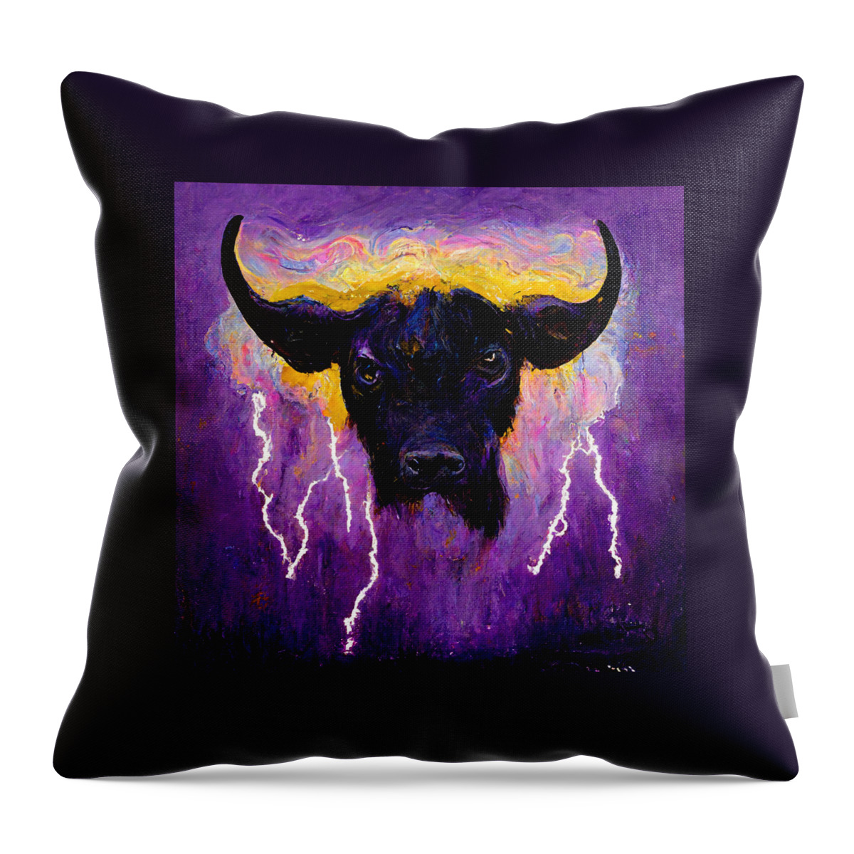 Black Cow Bull Painted By Eric Robitaille Lightning  B465d68d 1a3f 4398 8a3e 83b045de4fed Throw Pillow featuring the painting black cow bull painted by Eric Robitaille lightning  b465d68d 1a3f 4398 8a3e 83b045de4f by MotionAge Designs