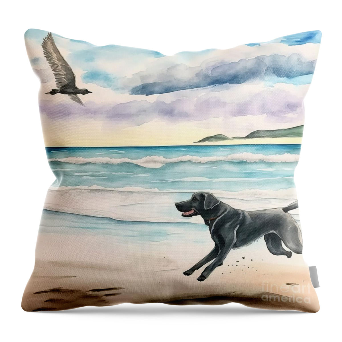 Black Labrador Throw Pillow featuring the painting black Labrador at the beach by N Akkash