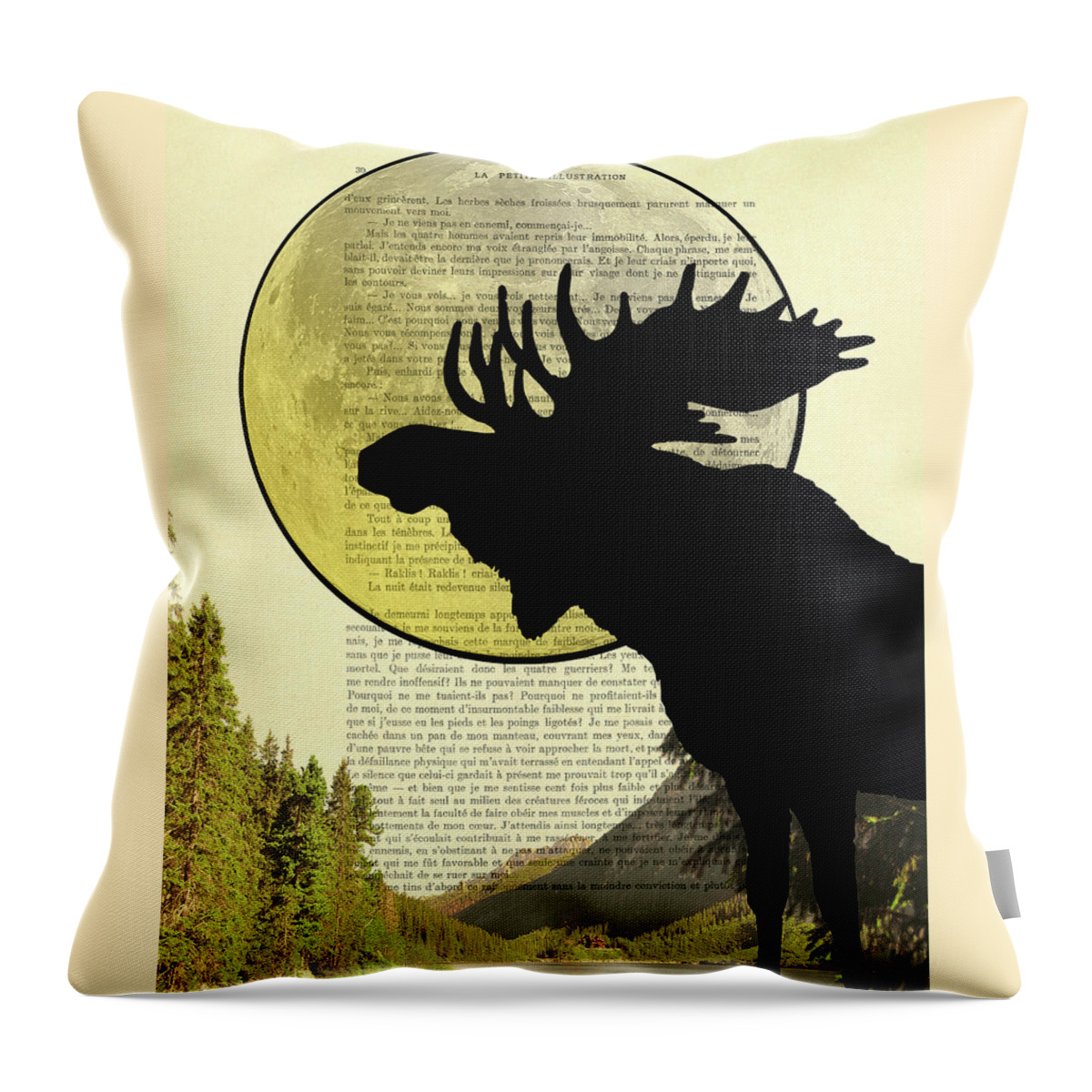 Moose Throw Pillow featuring the digital art Black moose silhouette and moon art by Madame Memento