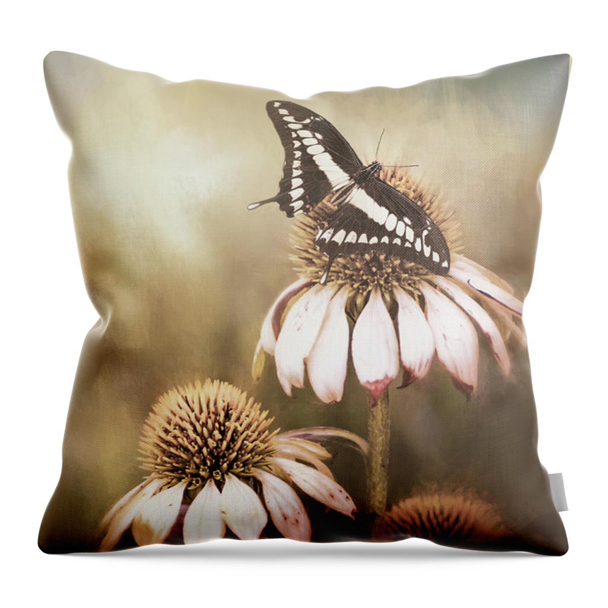 Black Swallowtail Throw Pillow featuring the mixed media Black Swallowtail on Coneflower by Elisabeth Lucas