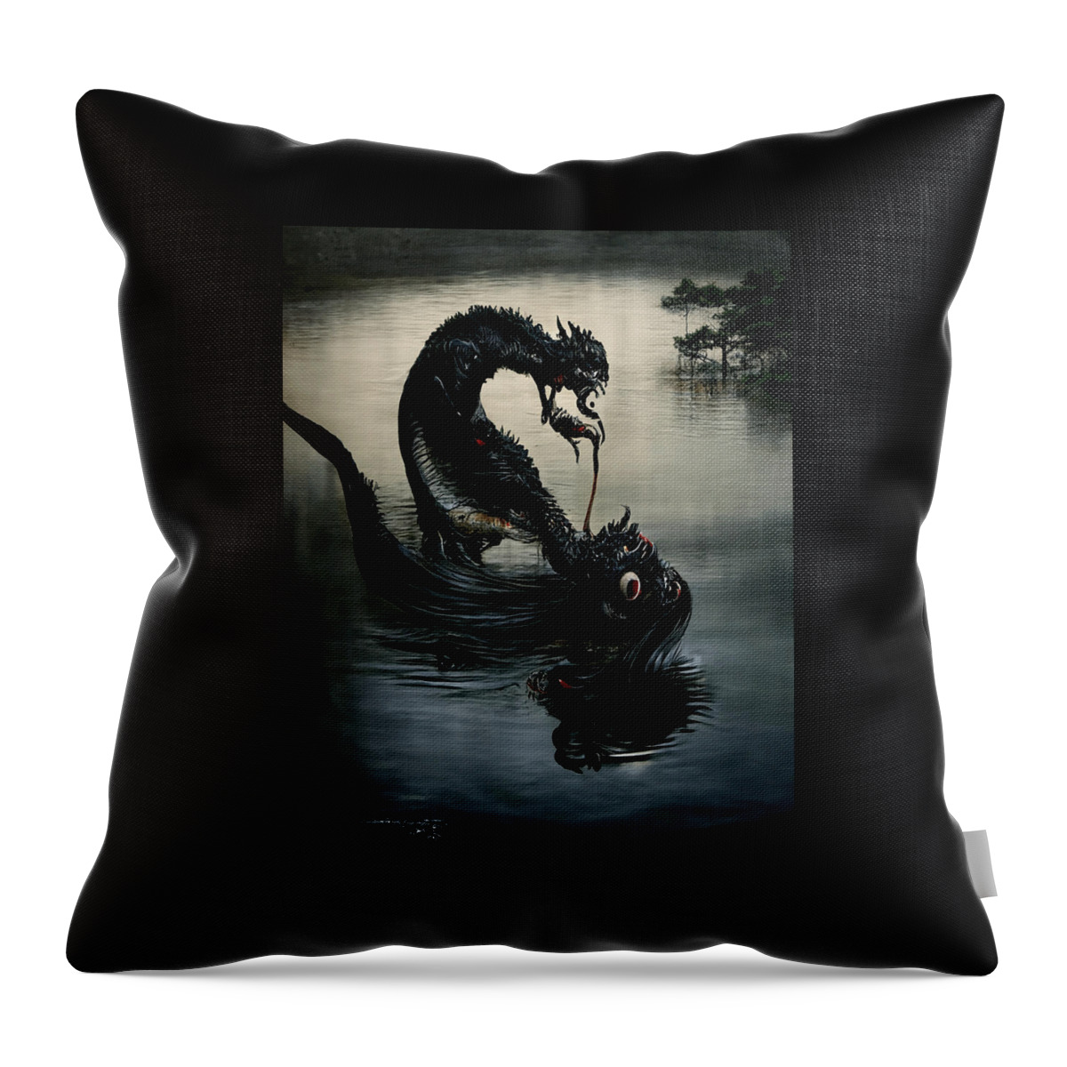 Horror Throw Pillow featuring the digital art Black water Dragon - artwork by Ryan Nieves