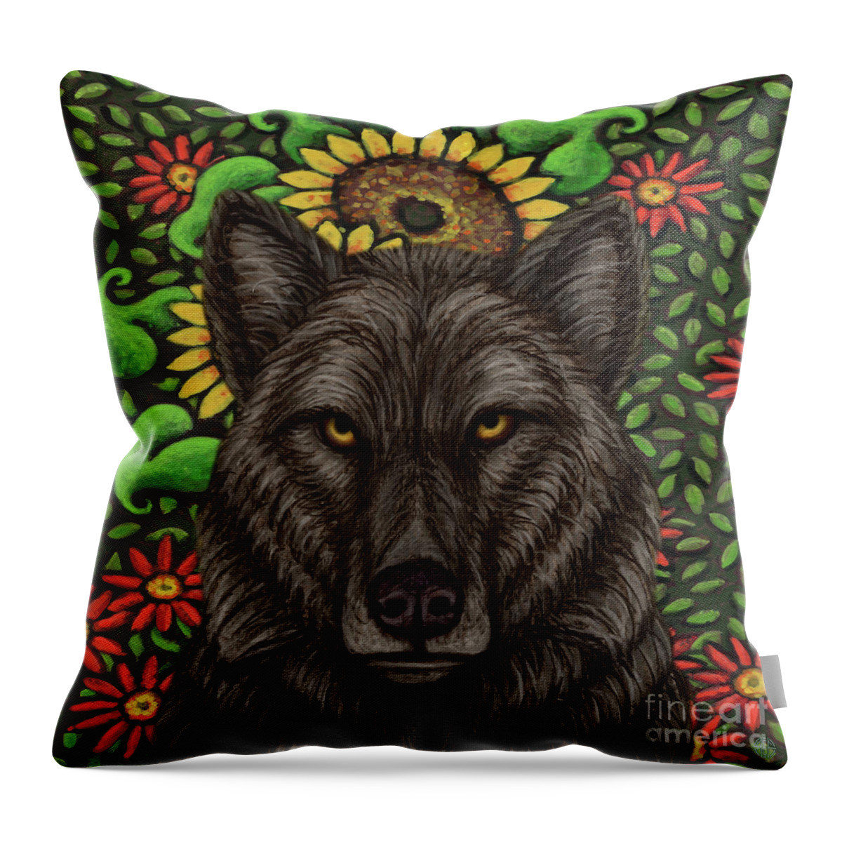 Wolf Throw Pillow featuring the painting Black Wolf Sunflowers by Amy E Fraser